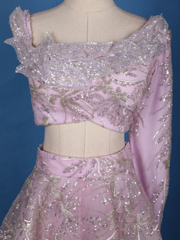 Pastel Lavender Floral And Sequins Embroidered Net Lehenga for Bridesmaids - Diadem