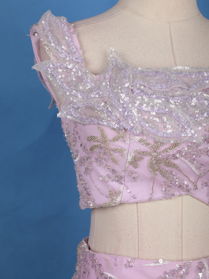 Pastel Lavender Floral And Sequins Embroidered Net Lehenga for Bridesmaids - Diadem