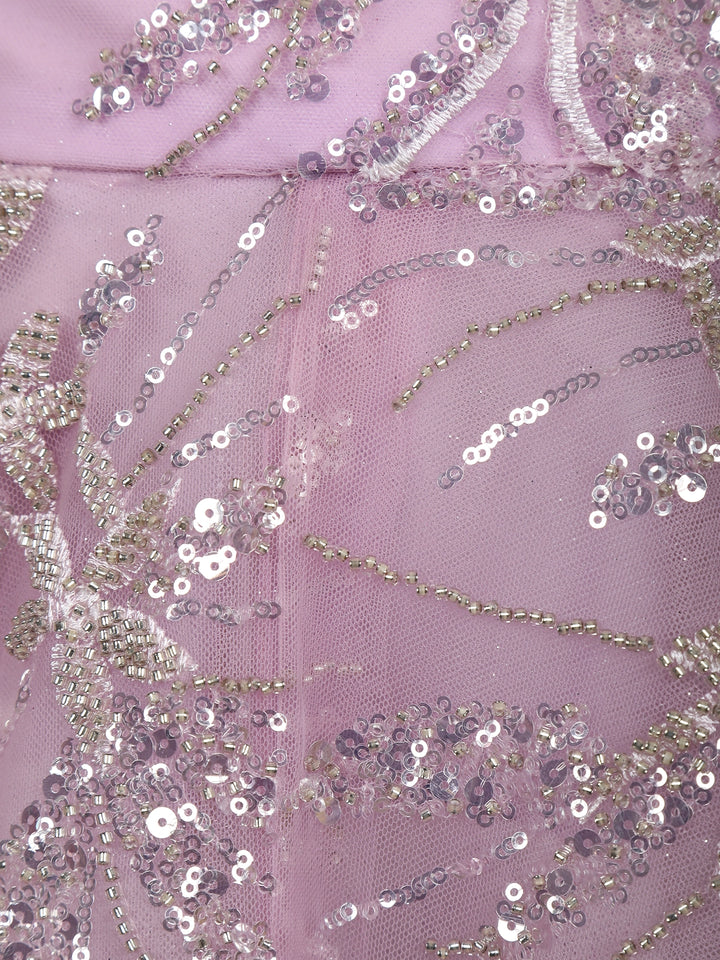 Pastel Lavender Floral And Sequins Embroidered Net Lehenga for Bridesmaids - Diadem