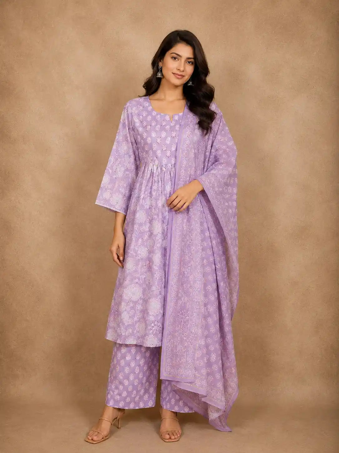 Pastel Lavender Lilac Floral Printed Design Cotton Salwar Suit with Dupatta
