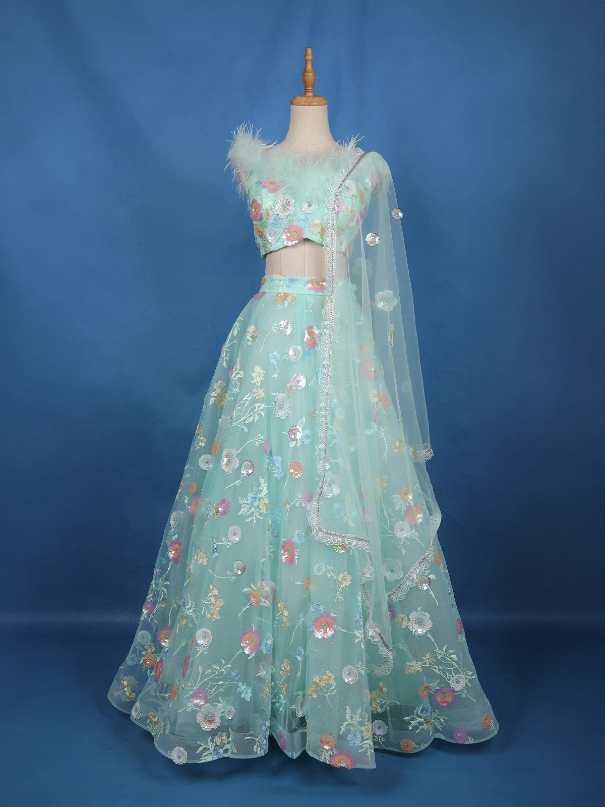 Pastel Mint Green Floral And Sequins Embroidered Net Lehenga for Bridesmaids - Diadem