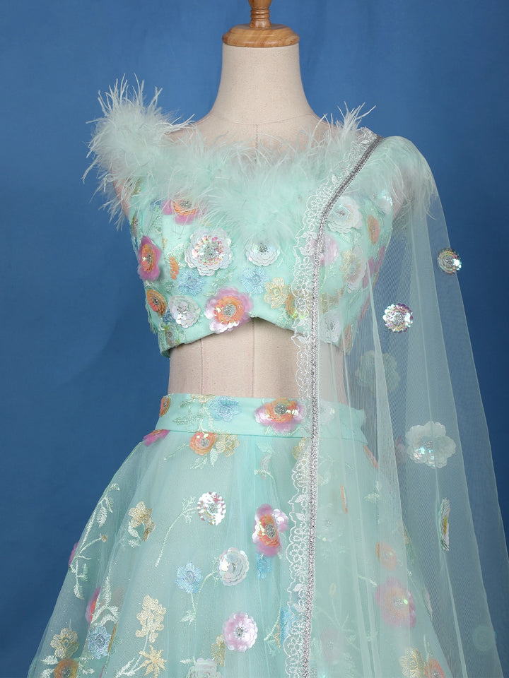 Pastel Mint Green Floral And Sequins Embroidered Net Lehenga for Bridesmaids - Diadem