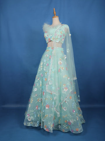 Pastel Mint Green Floral And Sequins Embroidered Net Lehenga for Bridesmaids - Diadem