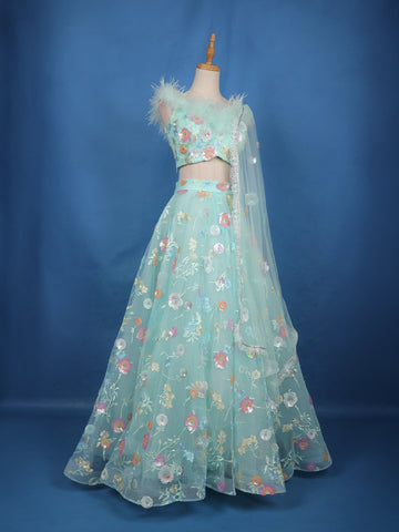 Pastel Mint Green Floral And Sequins Embroidered Net Lehenga for Bridesmaids - Diadem