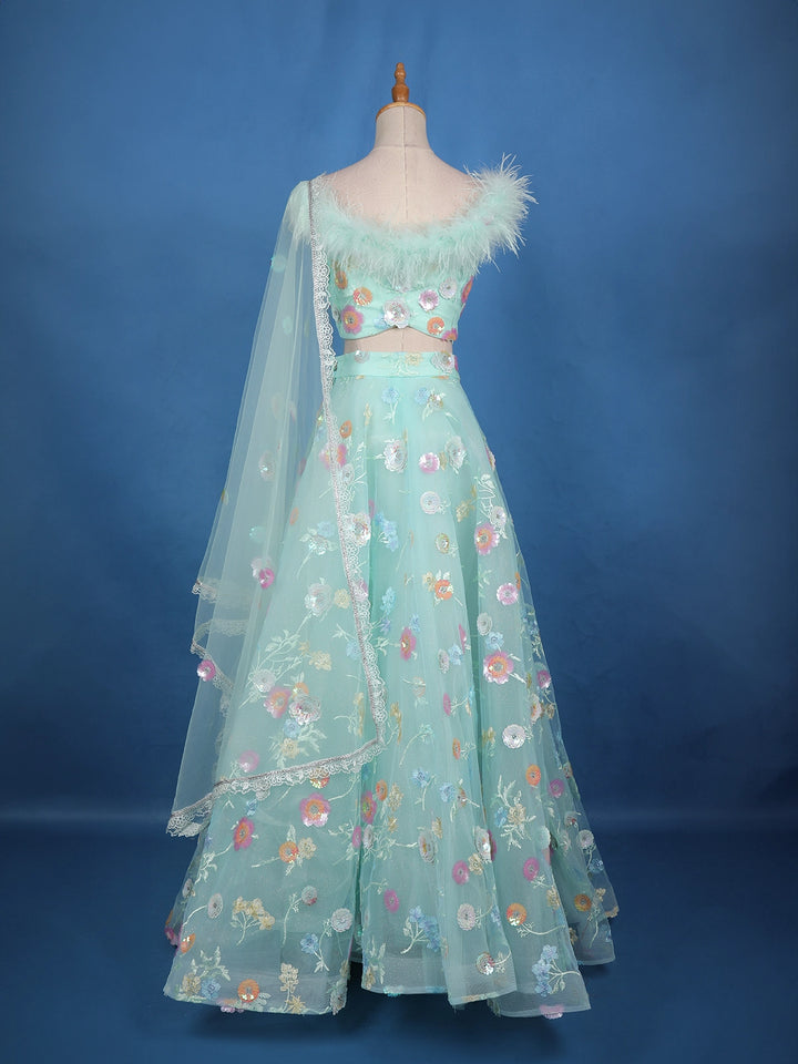 Pastel Mint Green Floral And Sequins Embroidered Net Lehenga for Bridesmaids - Diadem