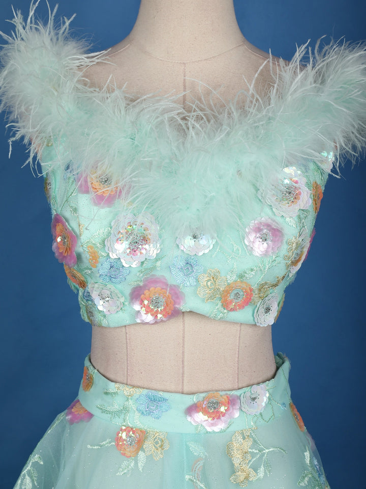 Pastel Mint Green Floral And Sequins Embroidered Net Lehenga for Bridesmaids - Diadem