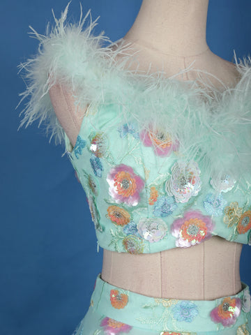 Pastel Mint Green Floral And Sequins Embroidered Net Lehenga for Bridesmaids - Diadem