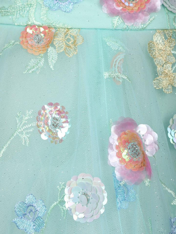 Pastel Mint Green Floral And Sequins Embroidered Net Lehenga for Bridesmaids - Diadem