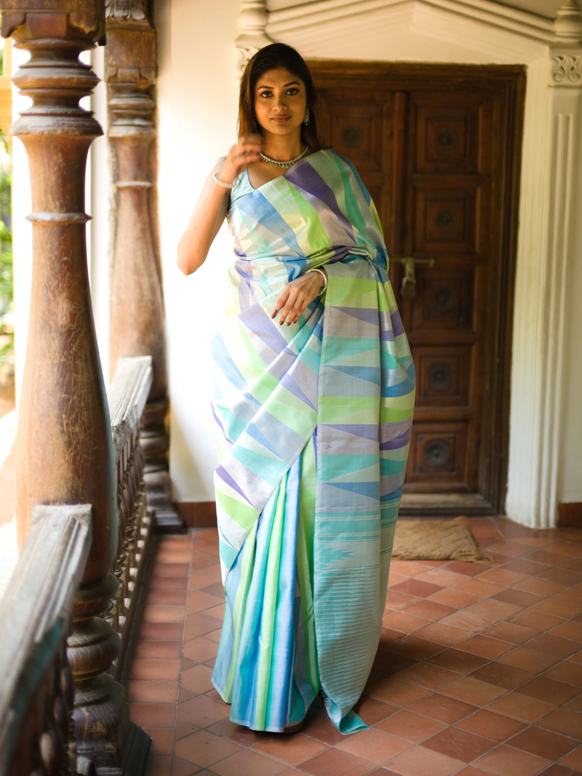 Pastel Multicolor Geometric Woven Design Pure Kanchipuram Silk Saree with Self Woven Border