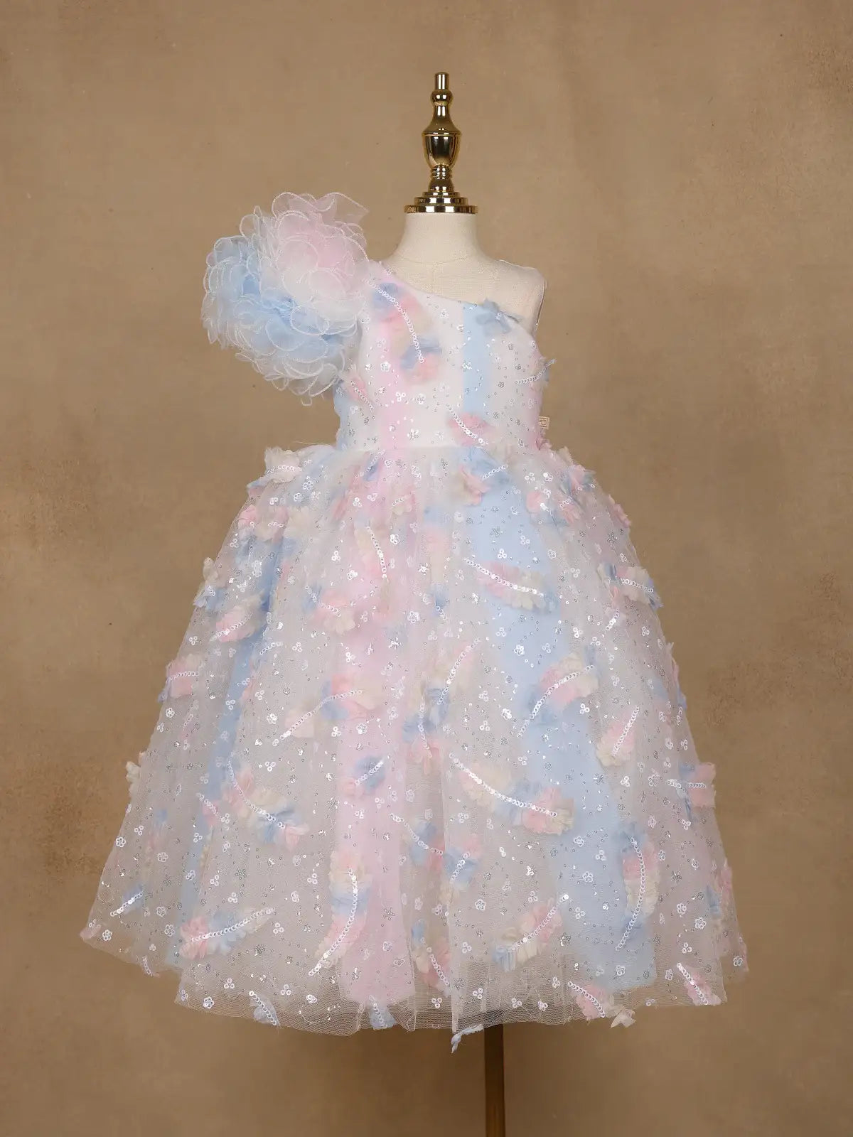 Pastel Multicolor One-Shoulder Kids Net Gown - Diadem