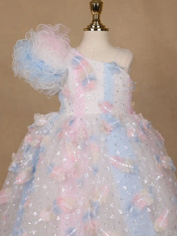Pastel Multicolor One-Shoulder Kids Net Gown - Diadem
