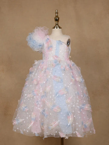 Pastel Multicolor One-Shoulder Kids Net Gown - Diadem