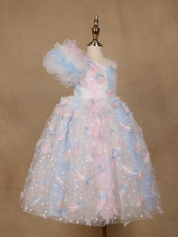 Pastel Multicolor One-Shoulder Kids Net Gown - Diadem