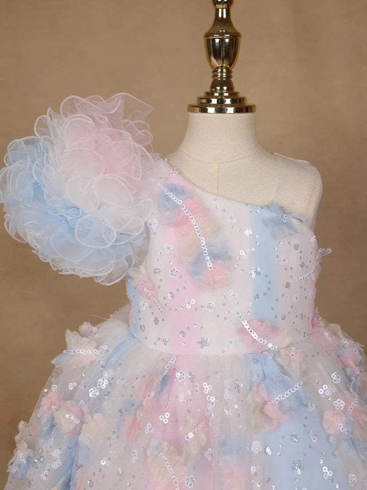 Pastel Multicolor One-Shoulder Kids Net Gown - Diadem