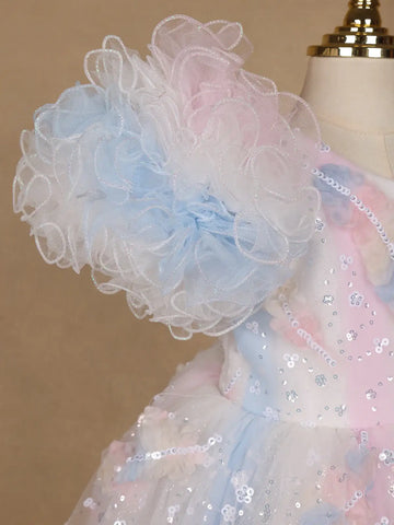 Pastel Multicolor One-Shoulder Kids Net Gown - Diadem
