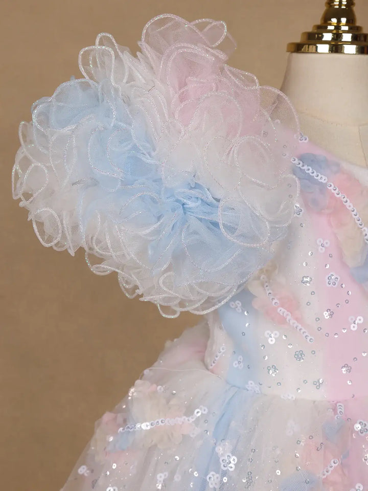 Pastel Multicolor One-Shoulder Kids Net Gown - Diadem