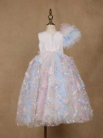Pastel Multicolor One-Shoulder Kids Net Gown - Diadem