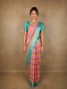 Pastel Peach-Pink Striped Woven Design Pure Kanchipuram Silk Saree with Contrast Zari Border