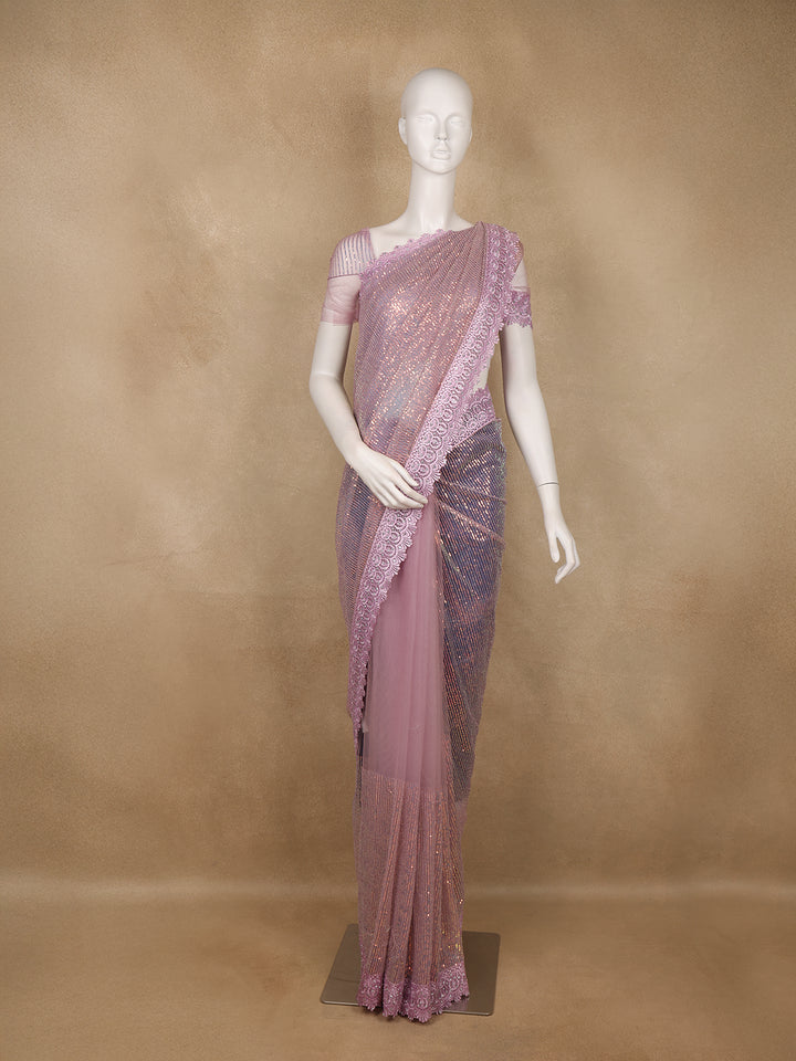 Pastel Pink Sequin Embellishment Organza Saree - Diadem