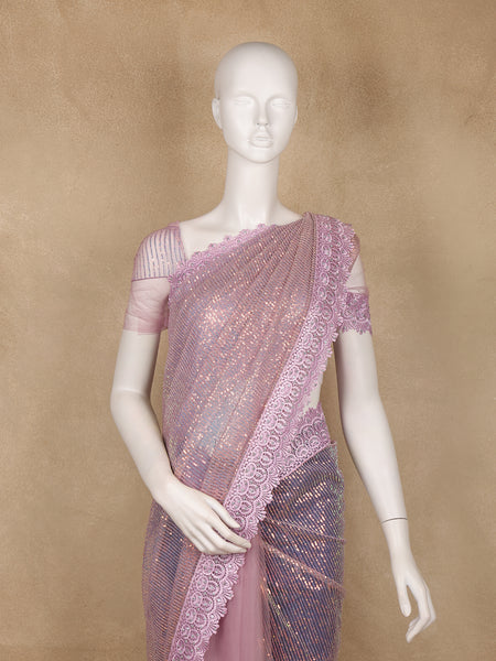 Pastel Pink Sequin Embellishment Organza Saree - Diadem