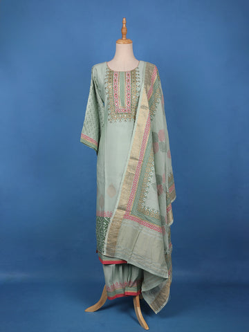 Pastel Sage Green Floral Design Printed Cotton Salwar Suit - Diadem