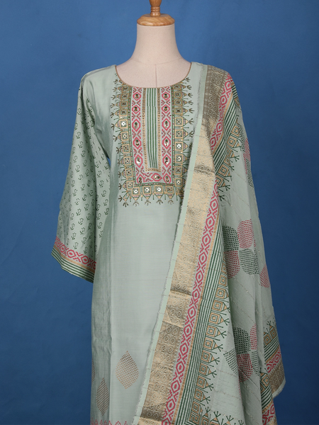 Pastel Sage Green Floral Design Printed Cotton Salwar Suit - Diadem