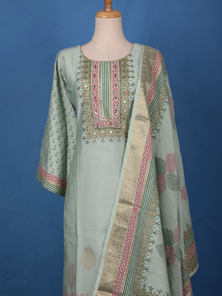 Pastel Sage Green Floral Design Printed Cotton Salwar Suit - Diadem