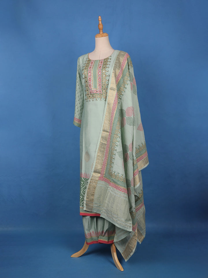 Pastel Sage Green Floral Design Printed Cotton Salwar Suit - Diadem