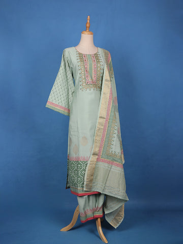 Pastel Sage Green Floral Design Printed Cotton Salwar Suit - Diadem