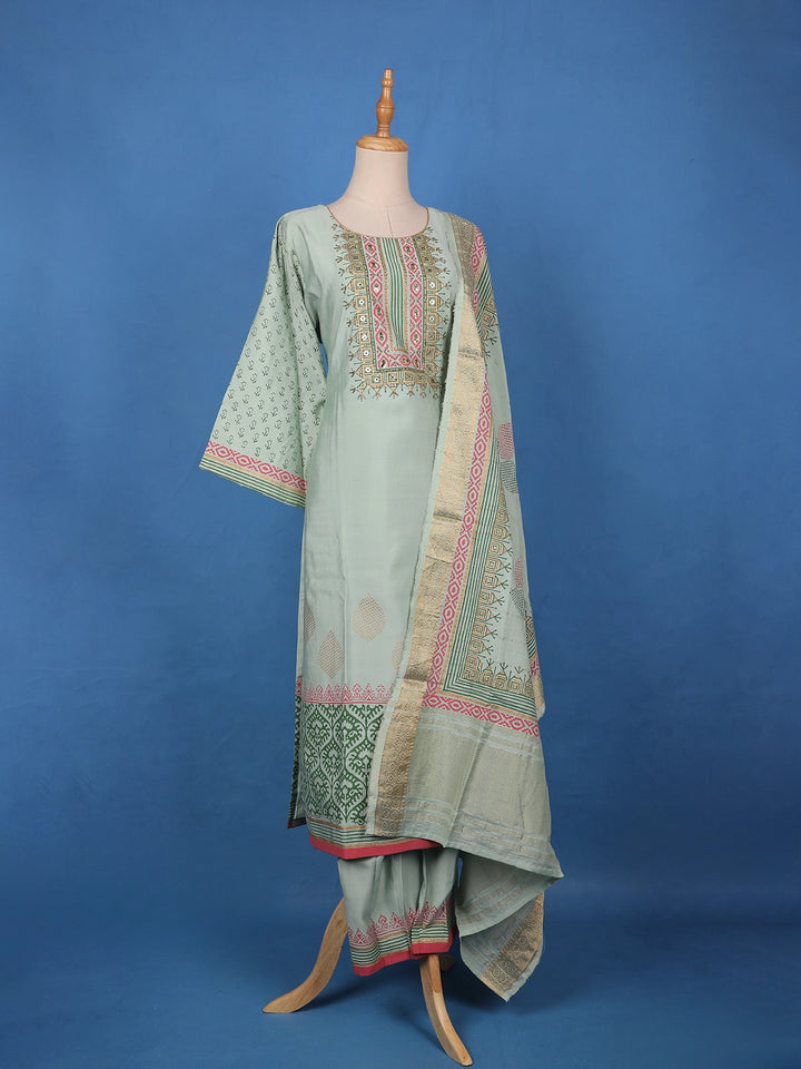 Pastel Sage Green Floral Design Printed Cotton Salwar Suit - Diadem