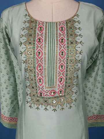 Pastel Sage Green Floral Design Printed Cotton Salwar Suit - Diadem
