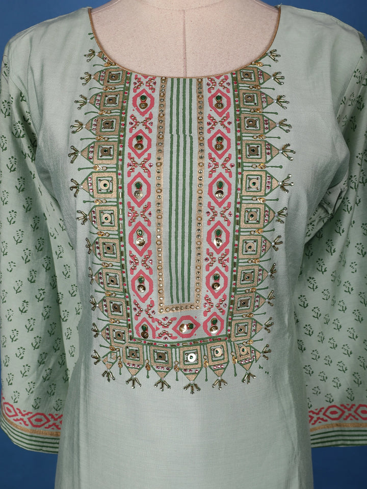 Pastel Sage Green Floral Design Printed Cotton Salwar Suit - Diadem