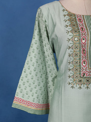 Pastel Sage Green Floral Design Printed Cotton Salwar Suit - Diadem