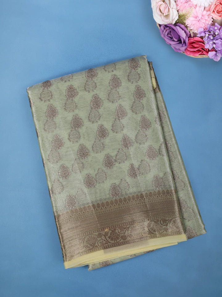 Pastel Sage Green Floral Motifs Design Tissue Silk Saree - Diadem