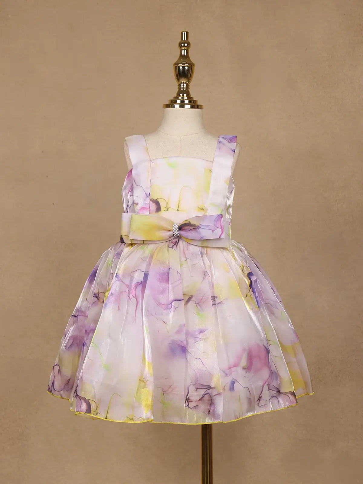 Pastel Watercolor Floral Satin Party Frock with Bow Detail - Diadem