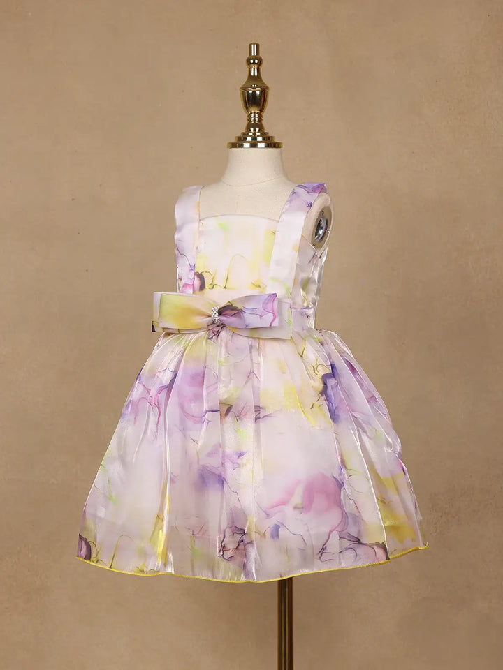 Pastel Watercolor Floral Satin Party Frock with Bow Detail - Diadem