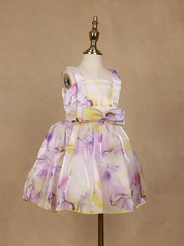 Pastel Watercolor Floral Satin Party Frock with Bow Detail - Diadem