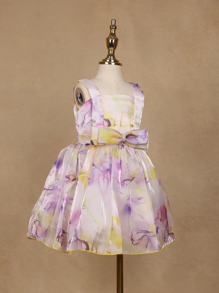 Pastel Watercolor Floral Satin Party Frock with Bow Detail - Diadem