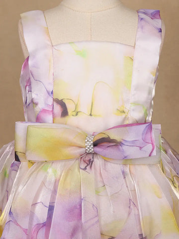 Pastel Watercolor Floral Satin Party Frock with Bow Detail - Diadem