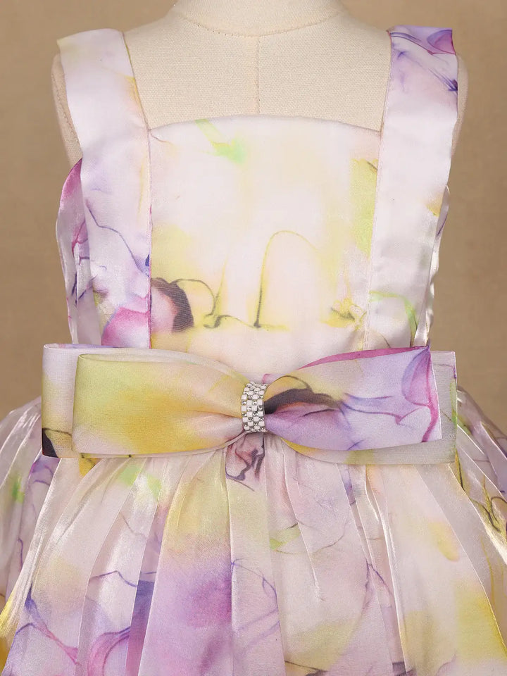 Pastel Watercolor Floral Satin Party Frock with Bow Detail - Diadem