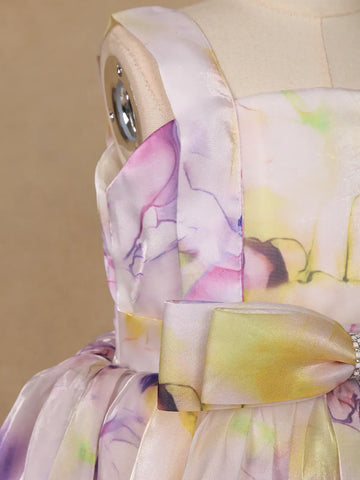 Pastel Watercolor Floral Satin Party Frock with Bow Detail - Diadem