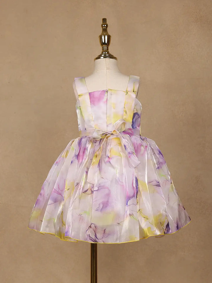 Pastel Watercolor Floral Satin Party Frock with Bow Detail - Diadem