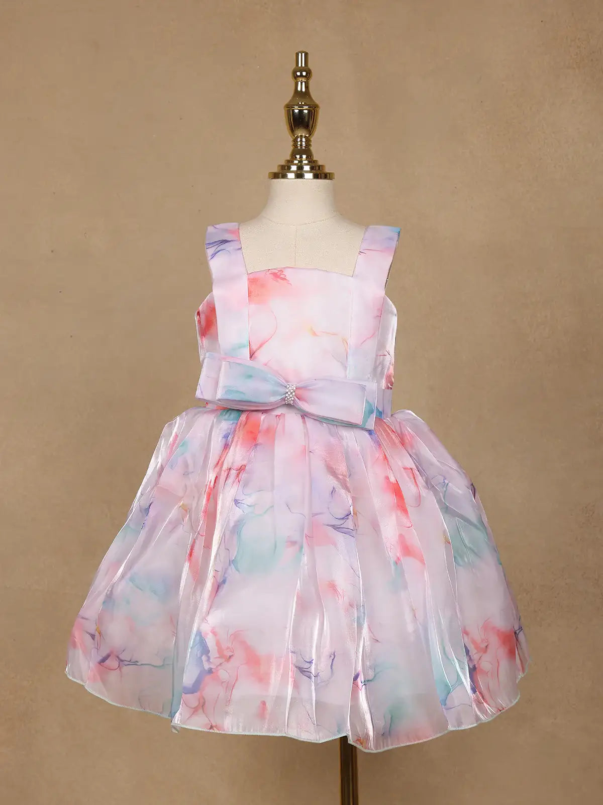 Pastel Watercolor Print Satin Party Frock with Pearl Bow Accent - Diadem