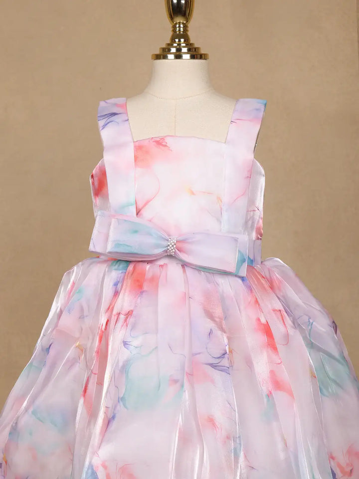 Pastel Watercolor Print Satin Party Frock with Pearl Bow Accent - Diadem
