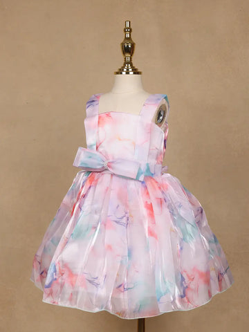 Pastel Watercolor Print Satin Party Frock with Pearl Bow Accent - Diadem