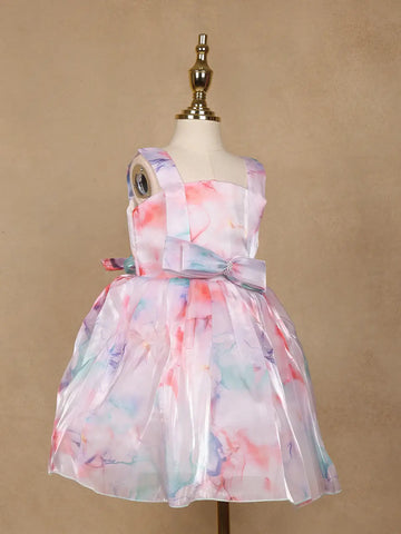 Pastel Watercolor Print Satin Party Frock with Pearl Bow Accent - Diadem