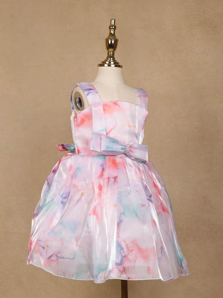 Pastel Watercolor Print Satin Party Frock with Pearl Bow Accent - Diadem