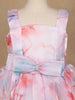 Pastel Watercolor Print Satin Party Frock with Pearl Bow Accent - Diadem