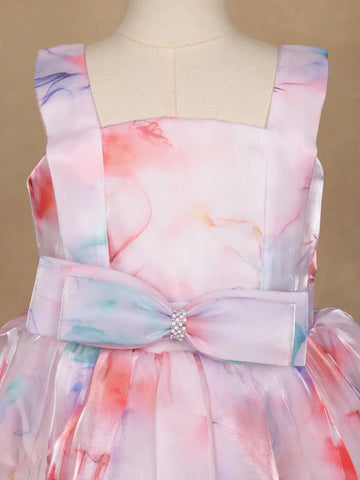 Pastel Watercolor Print Satin Party Frock with Pearl Bow Accent - Diadem