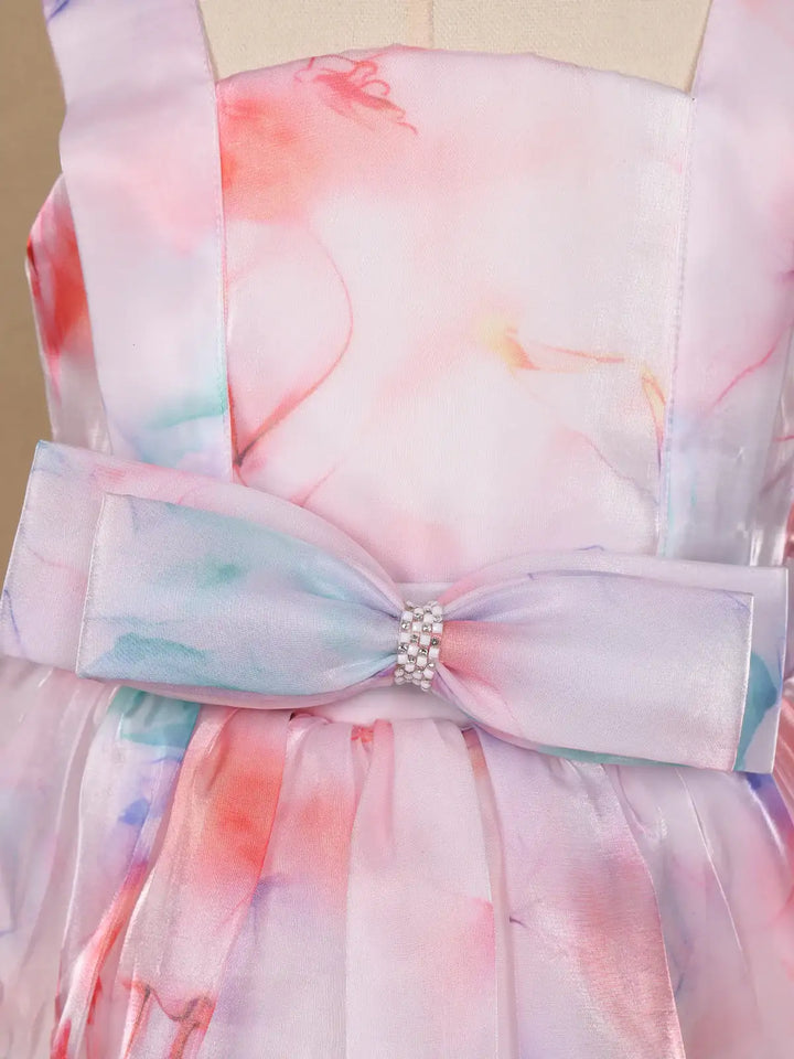 Pastel Watercolor Print Satin Party Frock with Pearl Bow Accent - Diadem